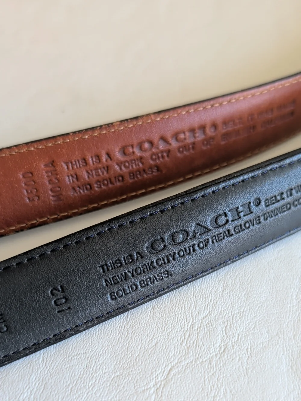 Set Of Two Coach Slim Dark Brown & Navy Leather Belts Brass Hardware Size 30